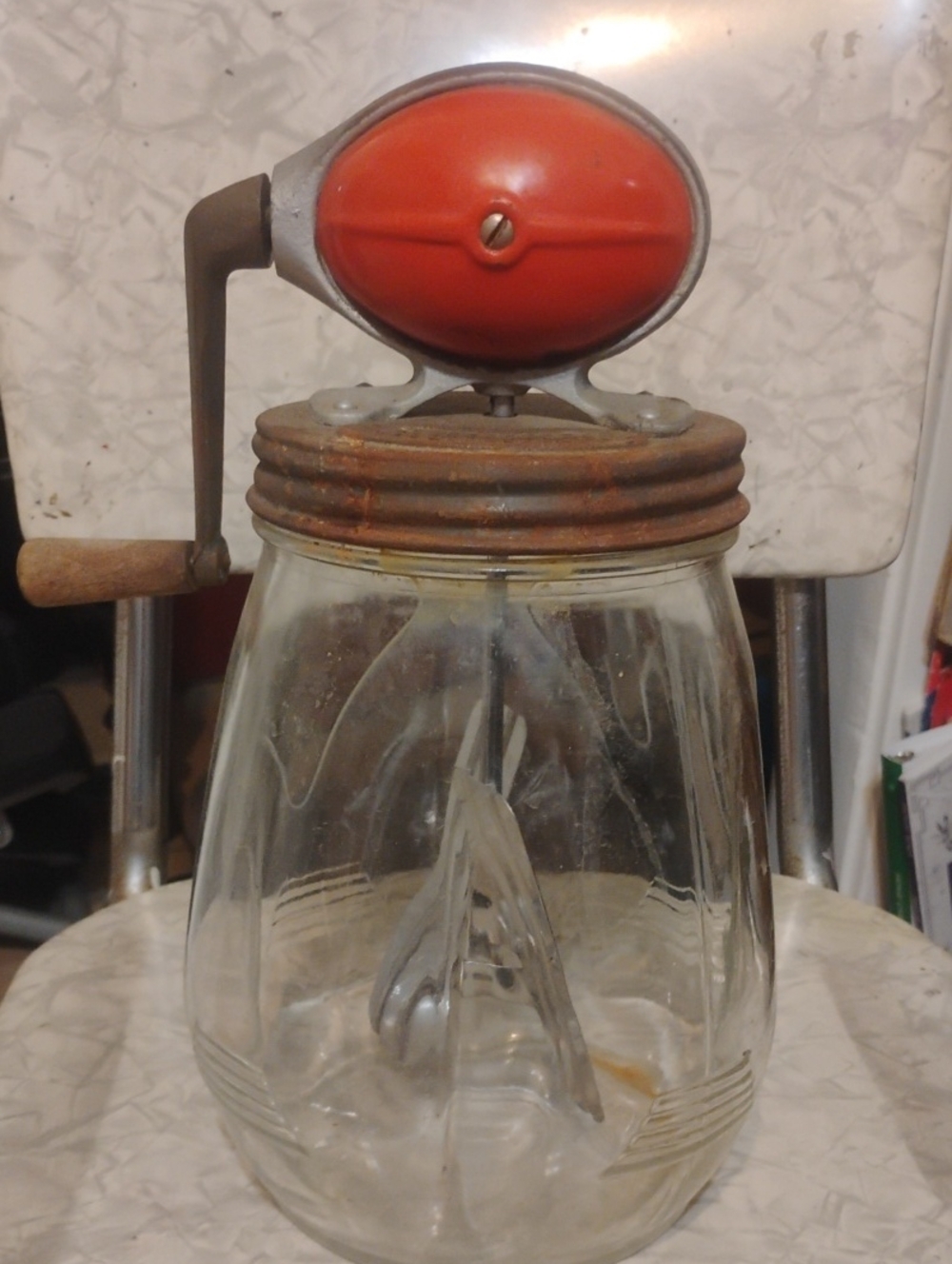 Manual Glass Butter Churn with Red Top and Wooden Handle